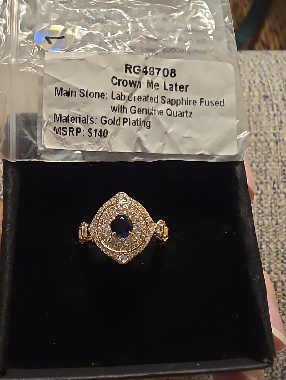 Bomb Party! Size 7 ,Crown Me Later Gold-Plated Ring with Blue Sapphire Center